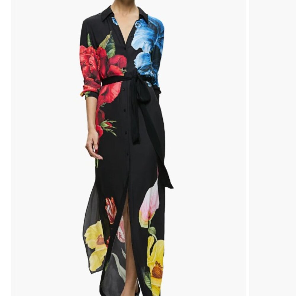 NWT Alice + Olivia Chassidy Maxi Shirt Dress Black Le Parisien Floral Sz Small